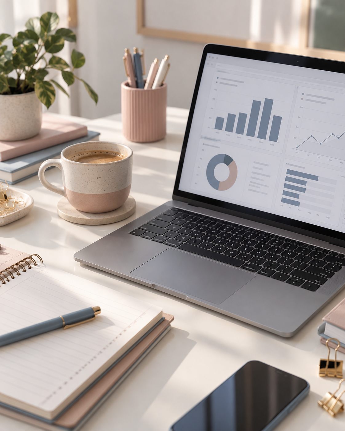 Escritorio con una laptop que muestra gráficos de ingresos y gastos, una taza de café y un cuaderno